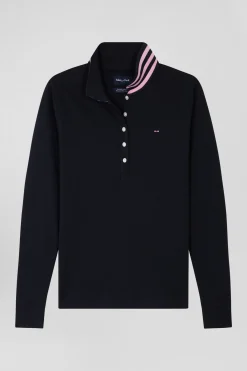 Polo manches longues en coton stretch bleu marine col cerclé coupe Slim