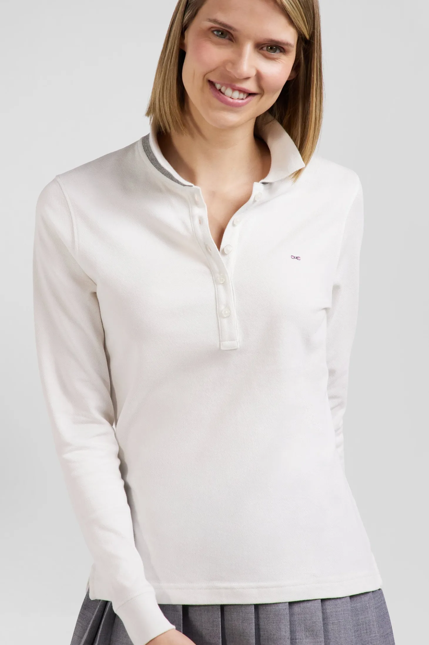 Polo manches longues en coton stretch écru col cerclé coupe Slim
