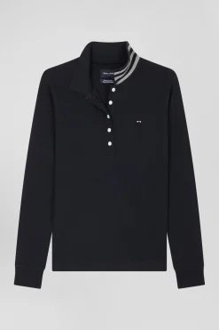 Polo manches longues en coton stretch col cerclé noir coupe Slim