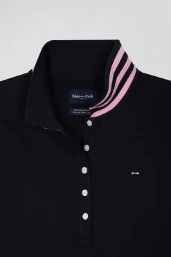 Polo manches longues en coton stretch bleu marine col cerclé coupe Slim