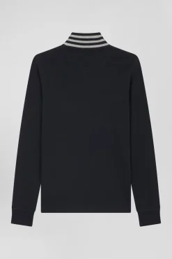 Polo manches longues en coton stretch col cerclé noir coupe Slim