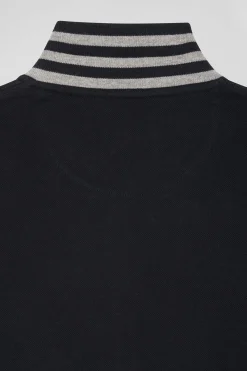 Polo manches longues en coton stretch col cerclé noir coupe Slim