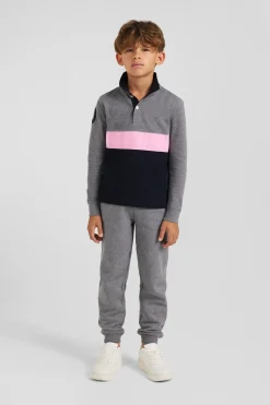 Polo manches longues en piqué coton gris bande rose et broderie 10 coupe Regular