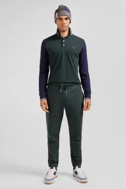 Polo manches longues en piqué coton vert col jacquard écusson gomme coupe Regular