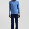 Polo manches longues en piqué coton bleu coupe Slim