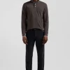 Polo manches longues en piqué coton marron détails tricolores coupe Regular