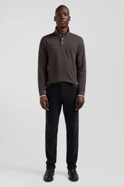 Polo manches longues en piqué coton marron détails tricolores coupe Regular