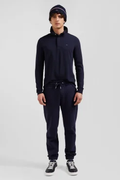 Polo manches longues en piqué coton bleu marine coupe Slim