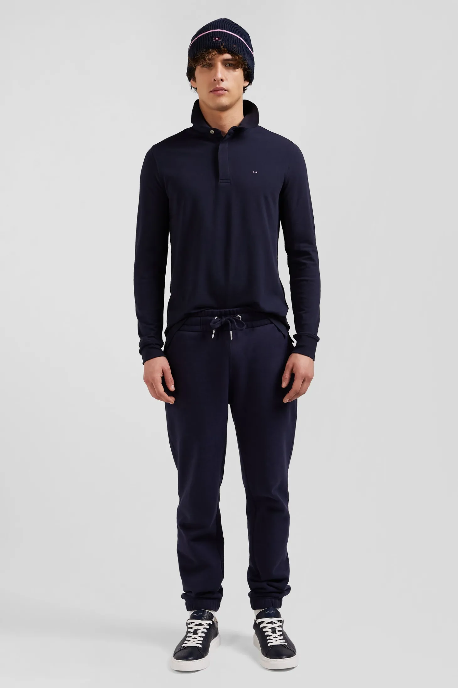 Polo manches longues en piqué coton bleu marine coupe Slim