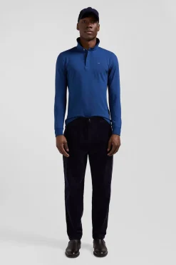 Polo manches longues en piqué coton bleu foncé coupe Slim