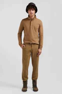 Polo manches longues en piqué coton camel coupe Slim