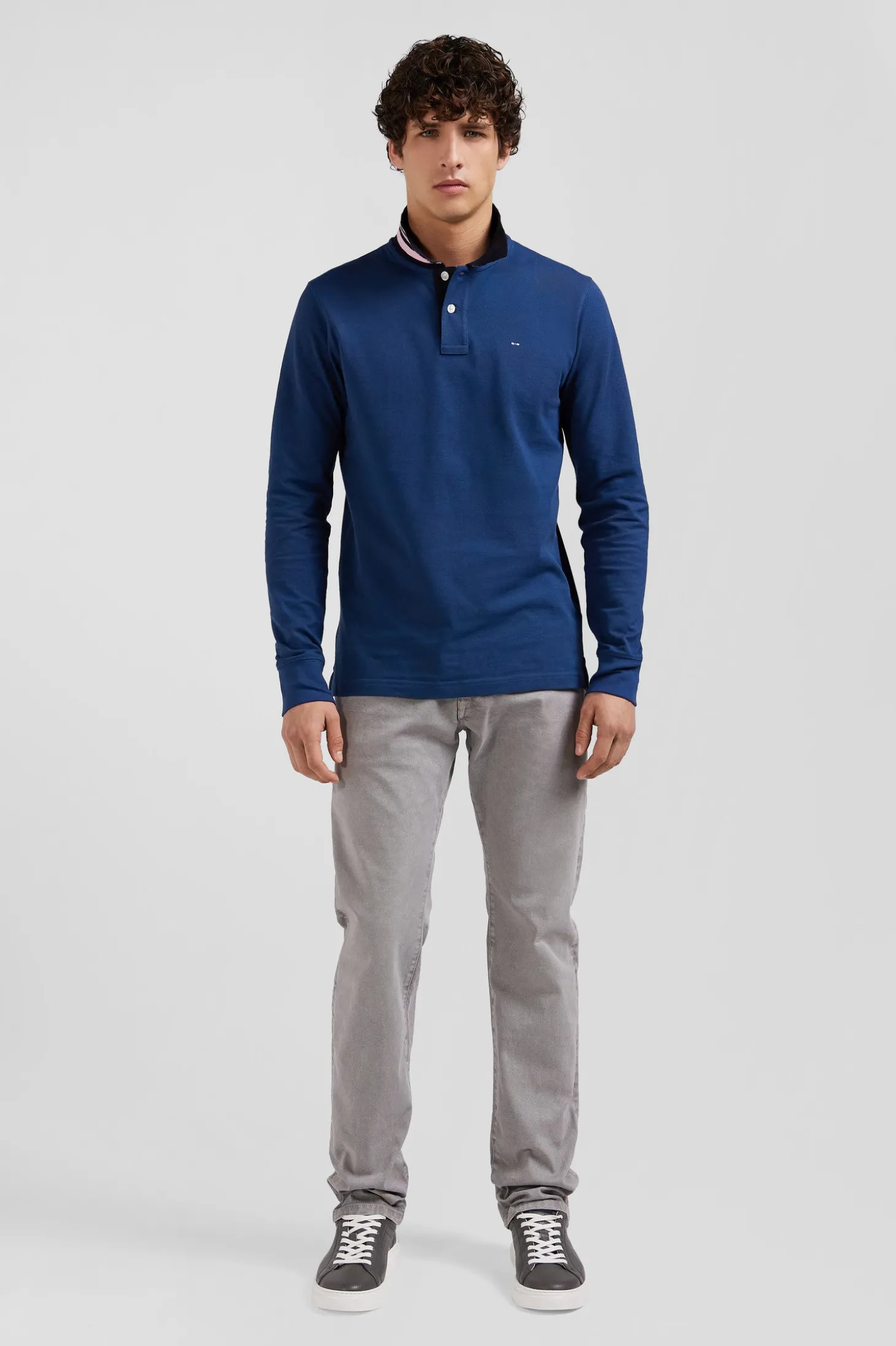 Polo manches longues en piqué coton bleu foncé col cerclé coupe Regular