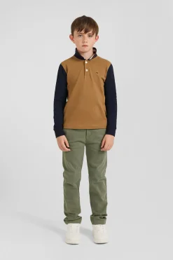 Polo manches longues en piqué coton camel col tricolore jacquard Eden Park coupe Regular