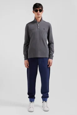 Polo manches longues en piqué coton gris détails tricolores coupe Regular