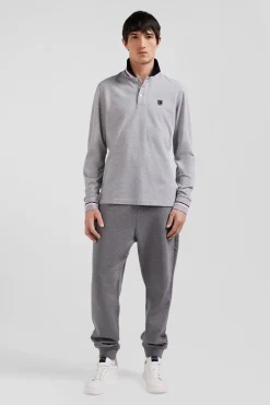Polo manches longues en piqué coton gris écusson gomme coupe Regular