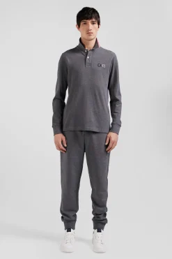 Polo manches longues en piqué coton gris détails roses coupe Regular