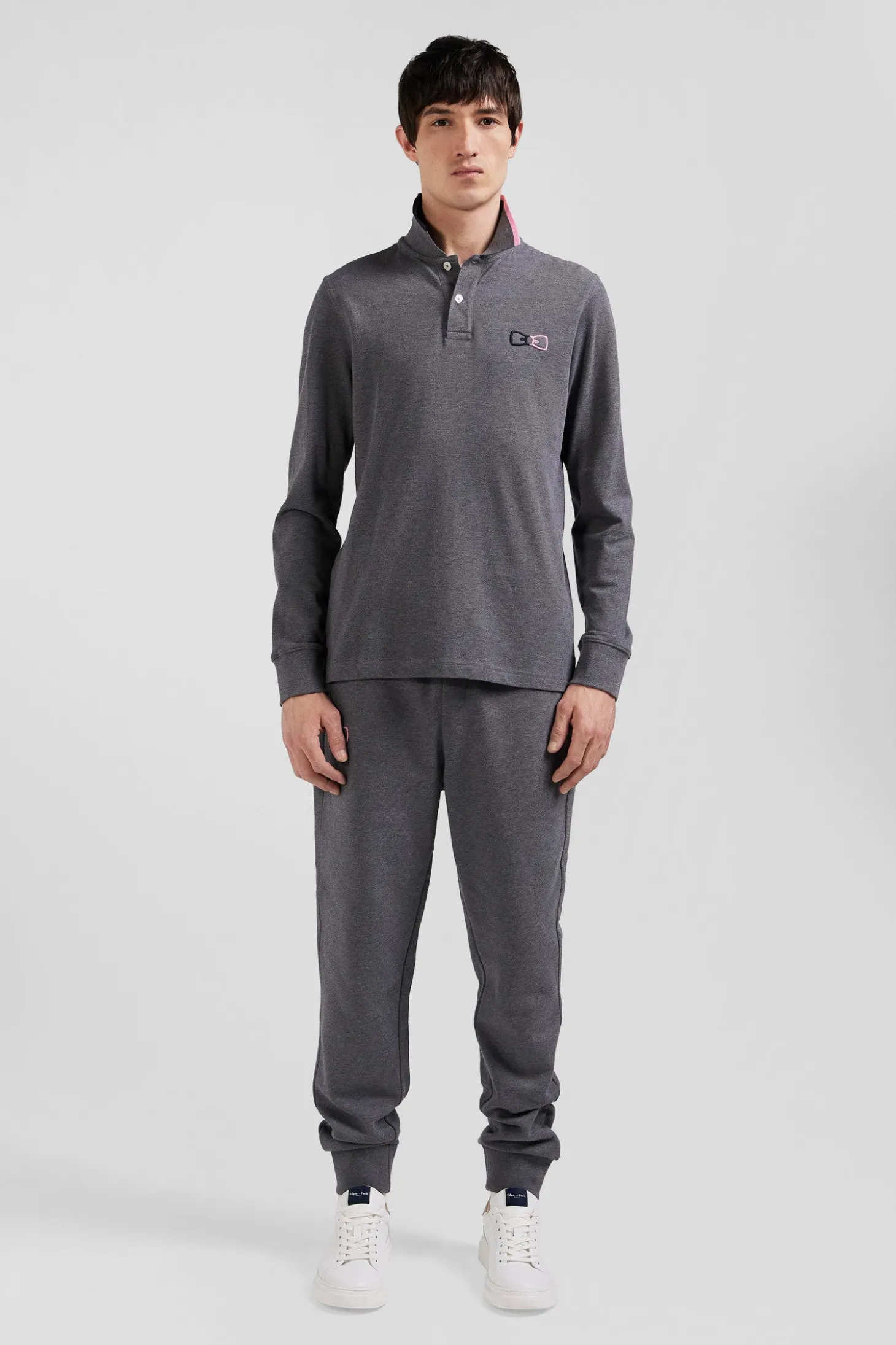 Polo manches longues en piqué coton gris détails roses coupe Regular