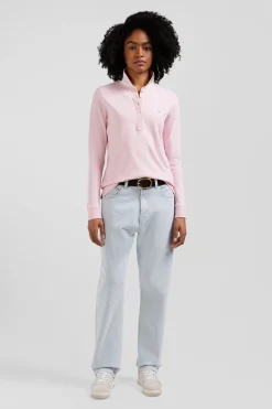 Polo manches longues en piqué coton stretch rose coupe Slim