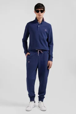 Polo manches longues en piqué coton bleu marine détails roses coupe Regular