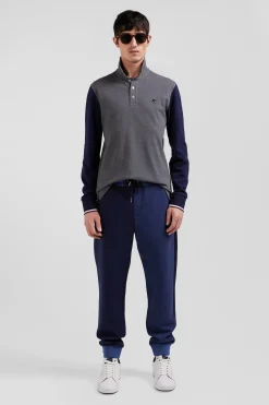Polo manches longues en piqué coton gris col jacquard écusson gomme coupe Regular