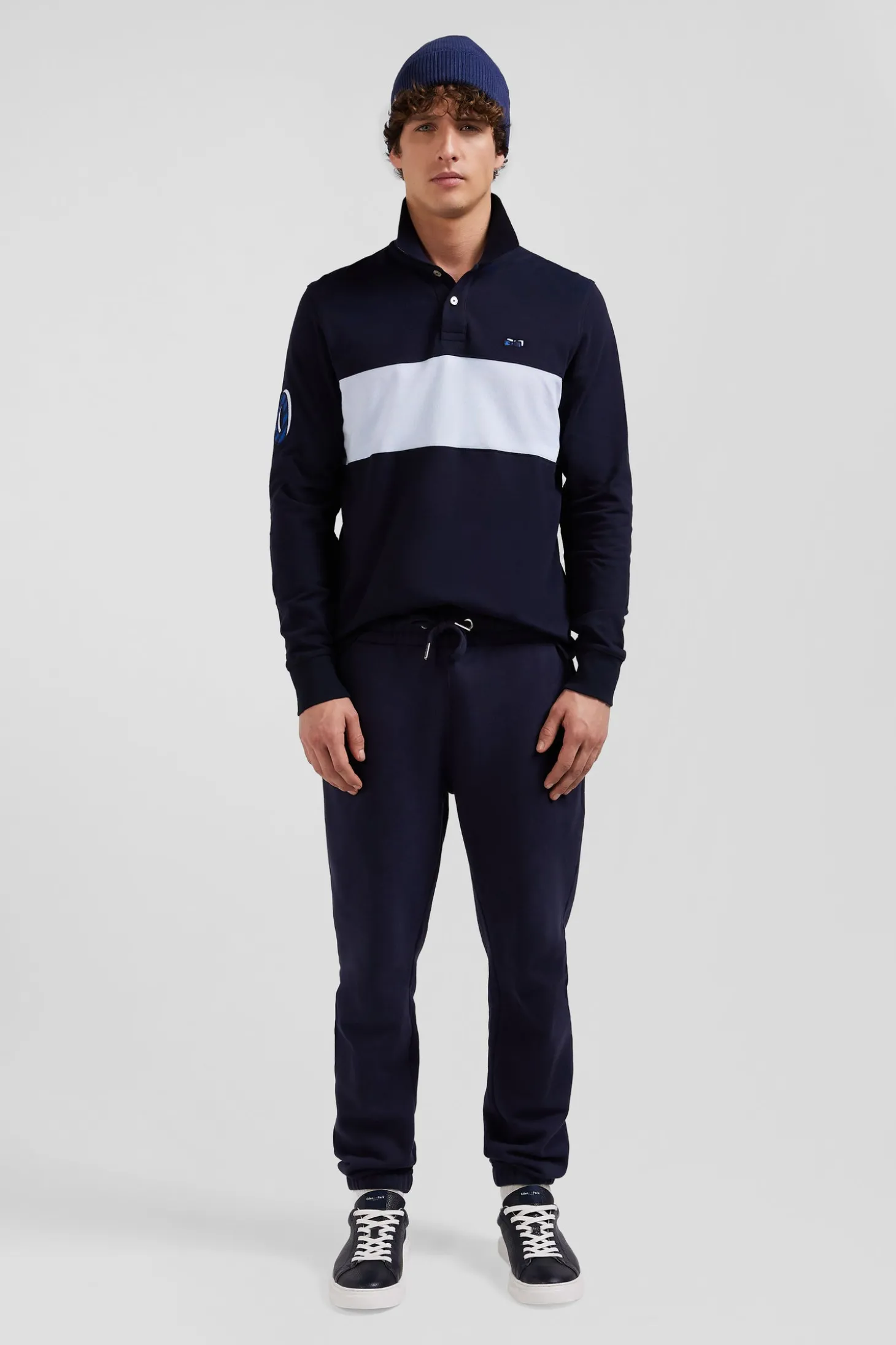 Polo manches longues en piqué coton ciel broderie 10 manche coupe Regular