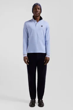 Polo manches longues en piqué coton ciel écusson gomme coupe Regular