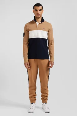 Polo manches longues en piqué coton camel broderie matelassée coupe Regular