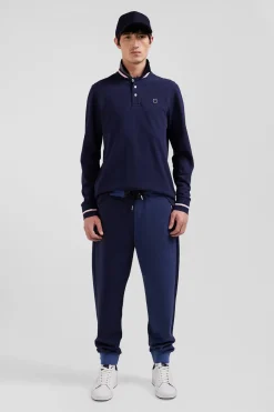 Polo manches longues en piqué coton bleu marine écusson gomme coupe Regular