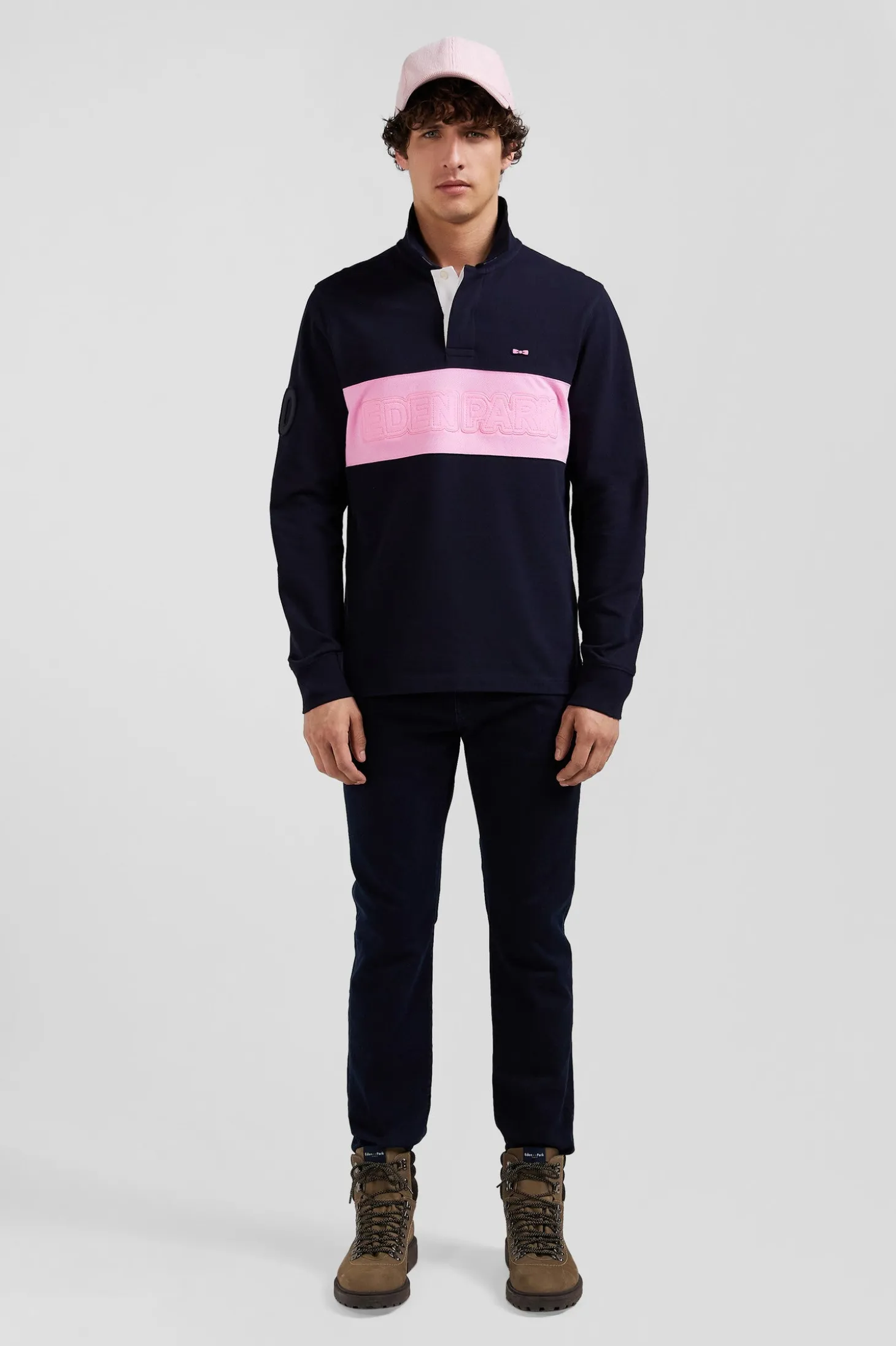 Polo manches longues en piqué coton bleu marine broderie matelassée coupe Regular