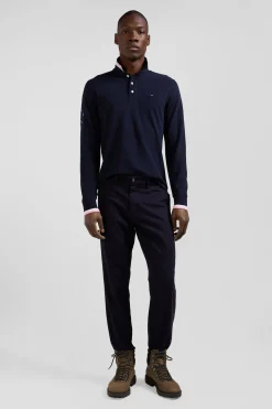 Polo manches longues en piqué coton bleu marine broderie XV de France coupe Regular