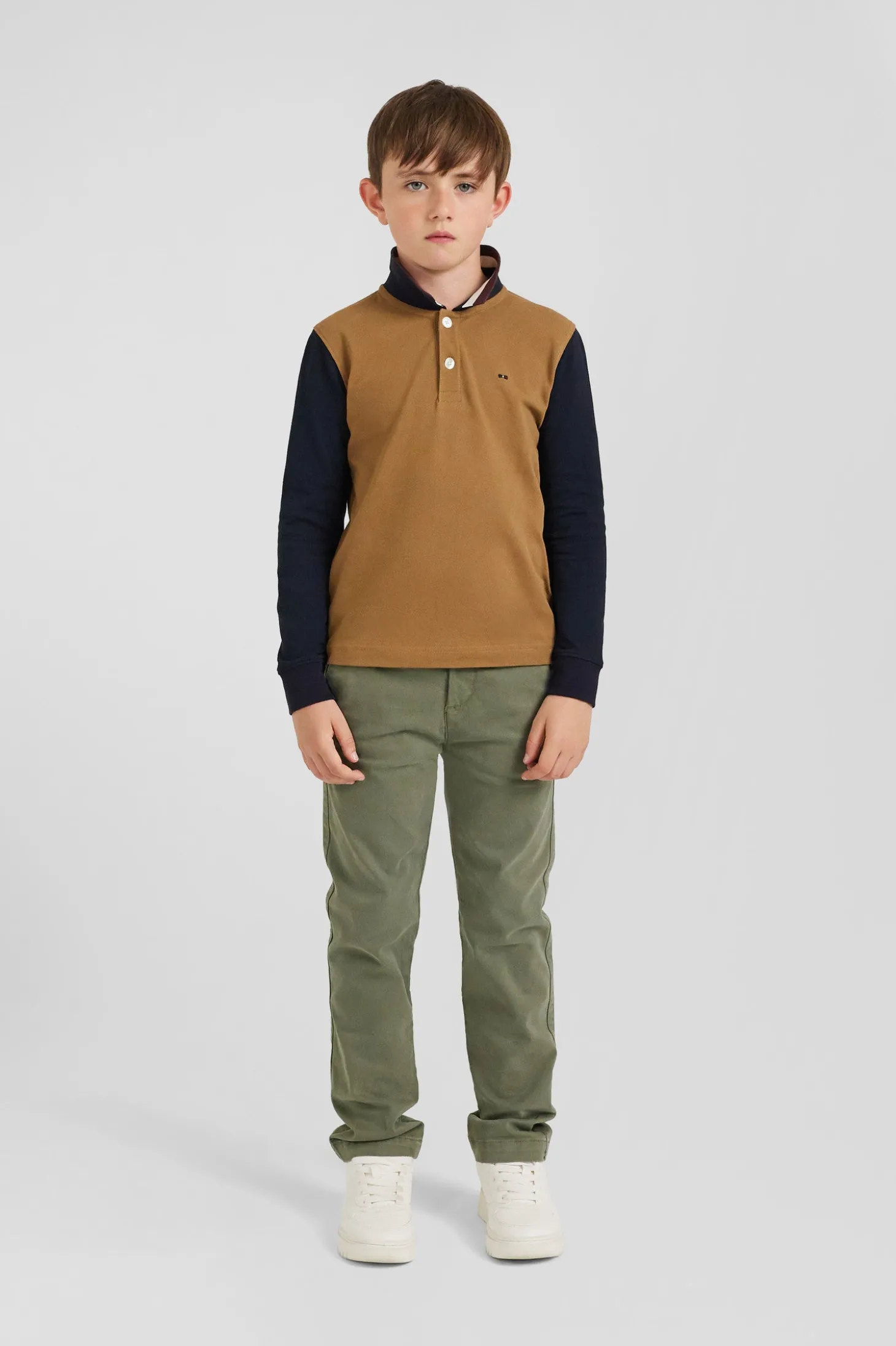 Polo manches longues en piqué coton camel col tricolore jacquard Eden Park coupe Regular