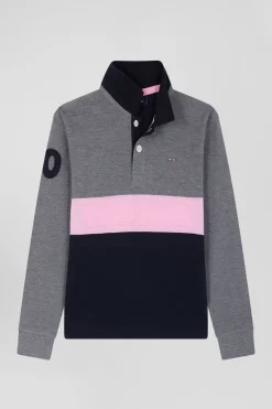 Polo manches longues en piqué coton gris bande rose et broderie 10 coupe Regular