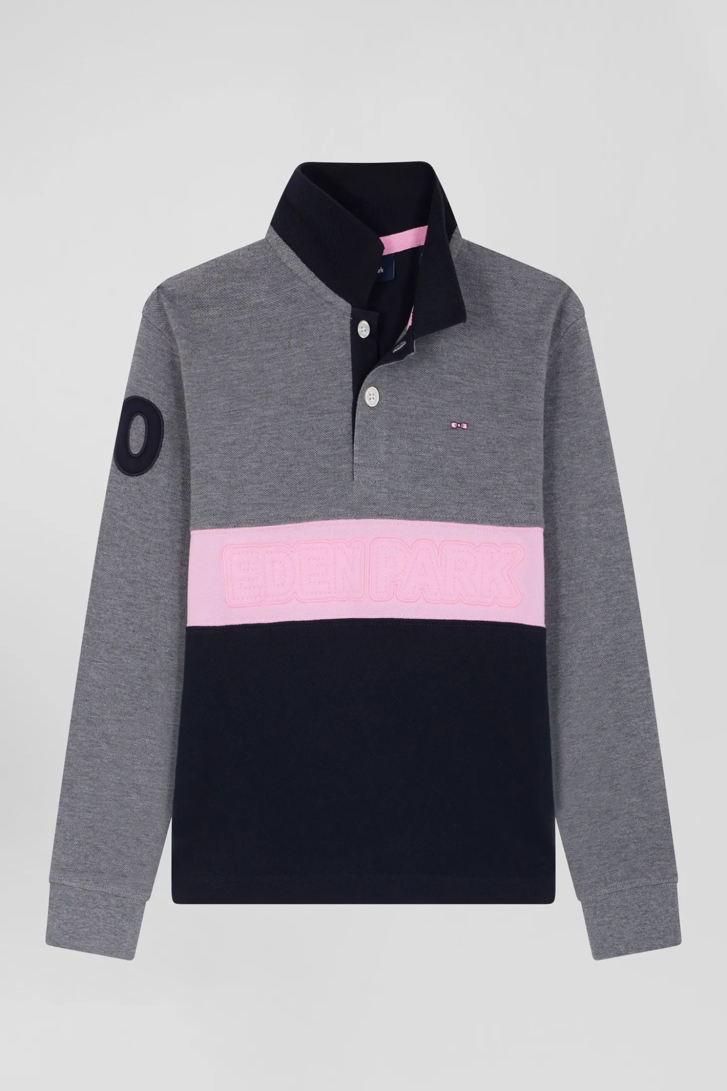 Polo manches longues en piqué coton gris bande rose et broderie 10 coupe Regular