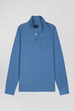 Polo manches longues en piqué coton bleu coupe Slim