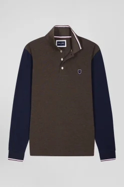 Polo manches longues en piqué coton marron col jacquard écusson gomme coupe Regular