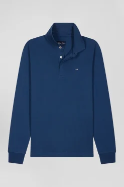 Polo manches longues en piqué coton bleu foncé coupe Slim