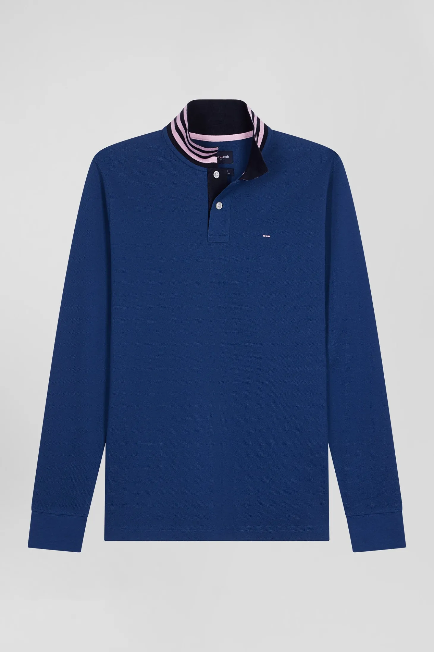 Polo manches longues en piqué coton bleu foncé col cerclé coupe Regular