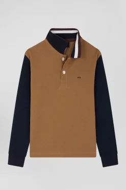 Polo manches longues en piqué coton camel col tricolore jacquard Eden Park coupe Regular