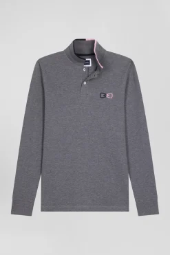 Polo manches longues en piqué coton gris détails roses coupe Regular