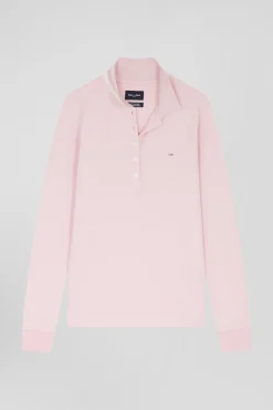 Polo manches longues en piqué coton stretch rose coupe Slim