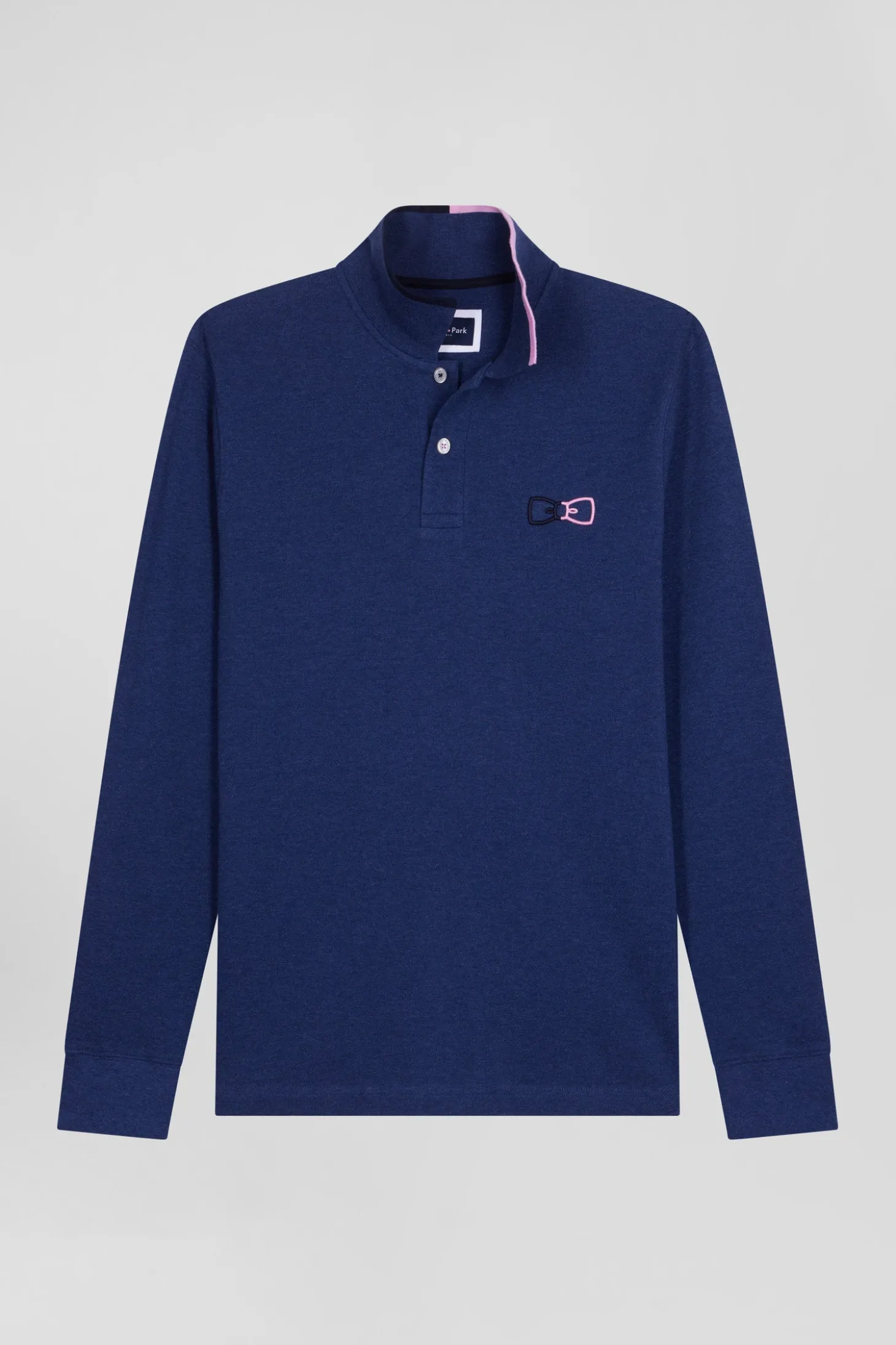 Polo manches longues en piqué coton bleu marine détails roses coupe Regular