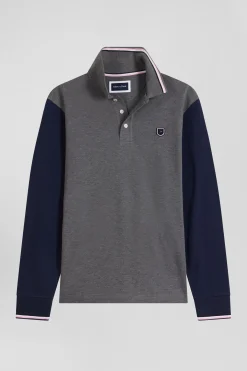 Polo manches longues en piqué coton gris col jacquard écusson gomme coupe Regular