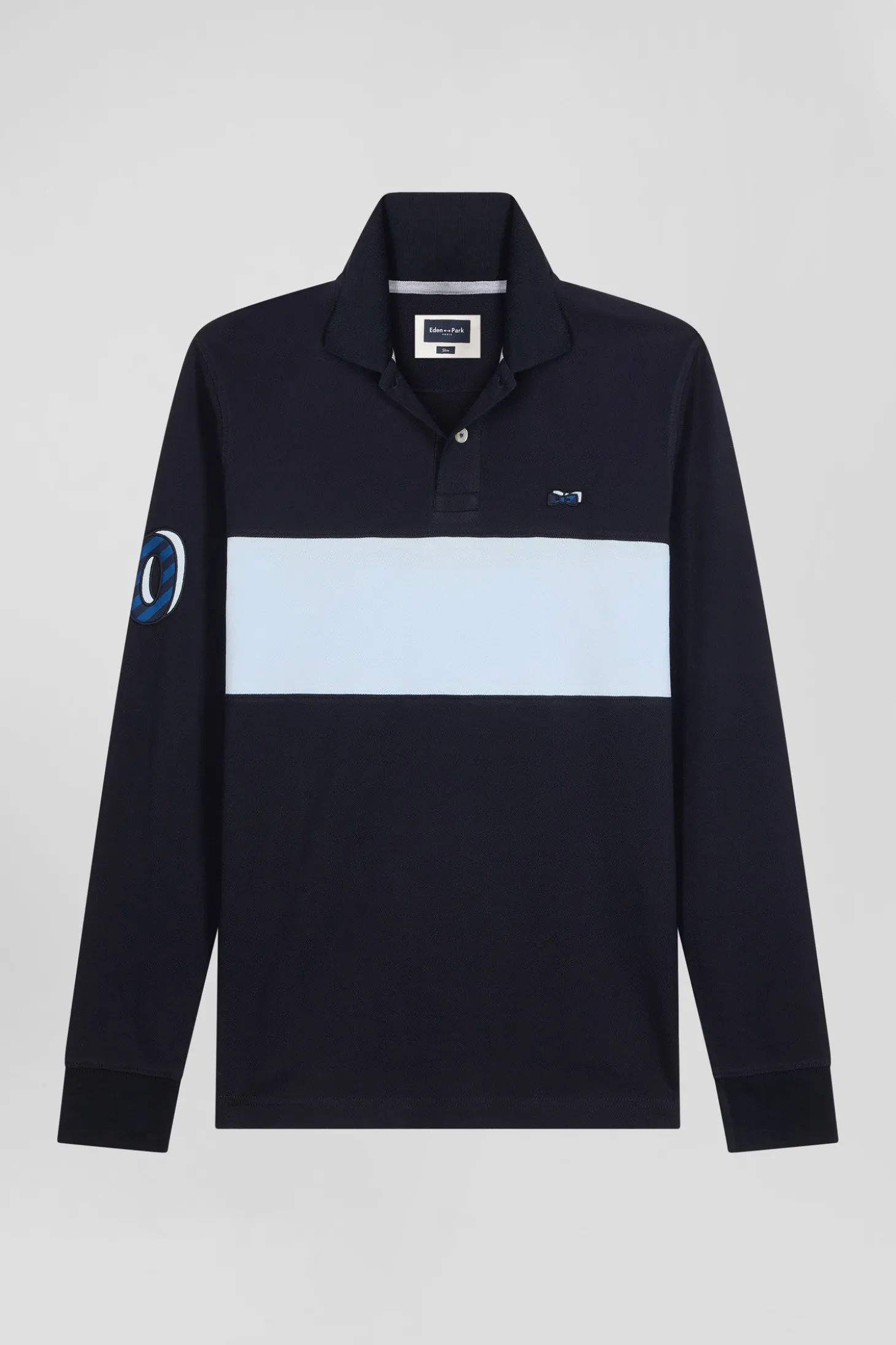 Polo manches longues en piqué coton ciel broderie 10 manche coupe Regular