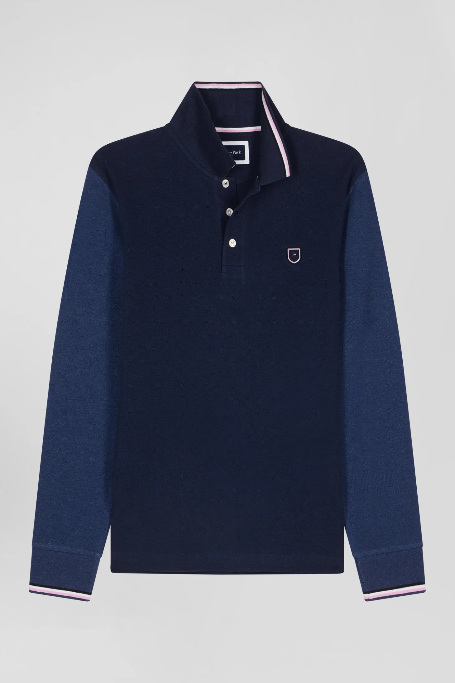 Polo manches longues en piqué coton bleu marine col jacquard écusson gomme coupe Regular