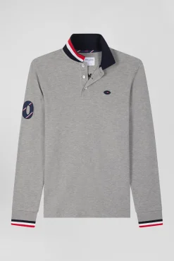 Polo manches longues en piqué coton gris broderie XV de France coupe Regular