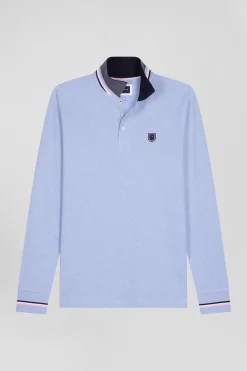 Polo manches longues en piqué coton ciel écusson gomme coupe Regular