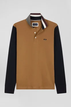 Polo manches longues en piqué coton bicolore camel col jacquard coupe Regular