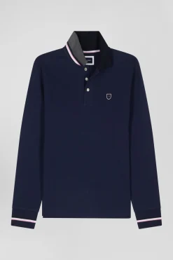 Polo manches longues en piqué coton bleu marine écusson gomme coupe Regular