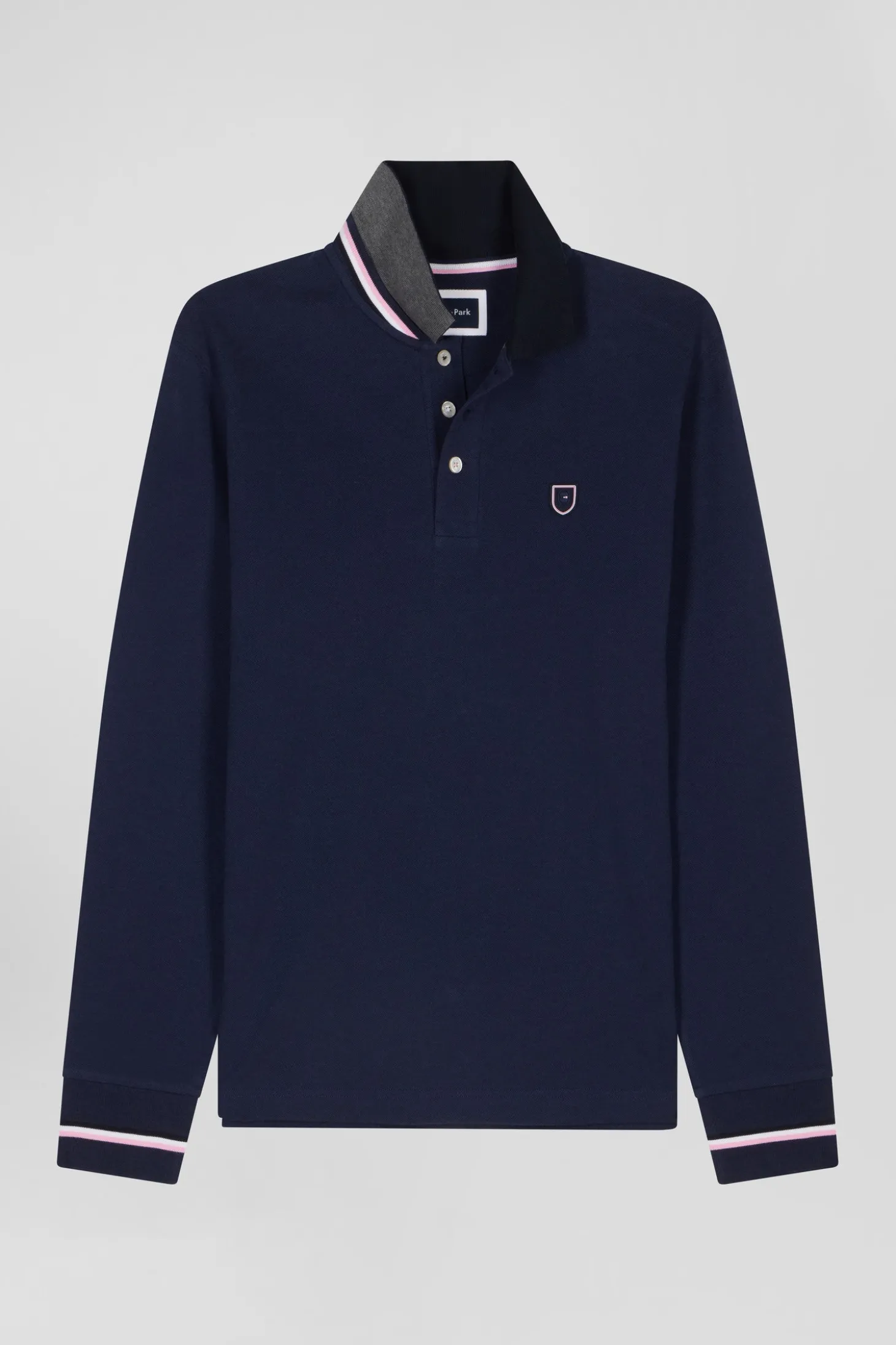 Polo manches longues en piqué coton bleu marine écusson gomme coupe Regular