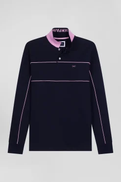 Polo manches longues en piqué coton marine passepoil rose coupe Regular